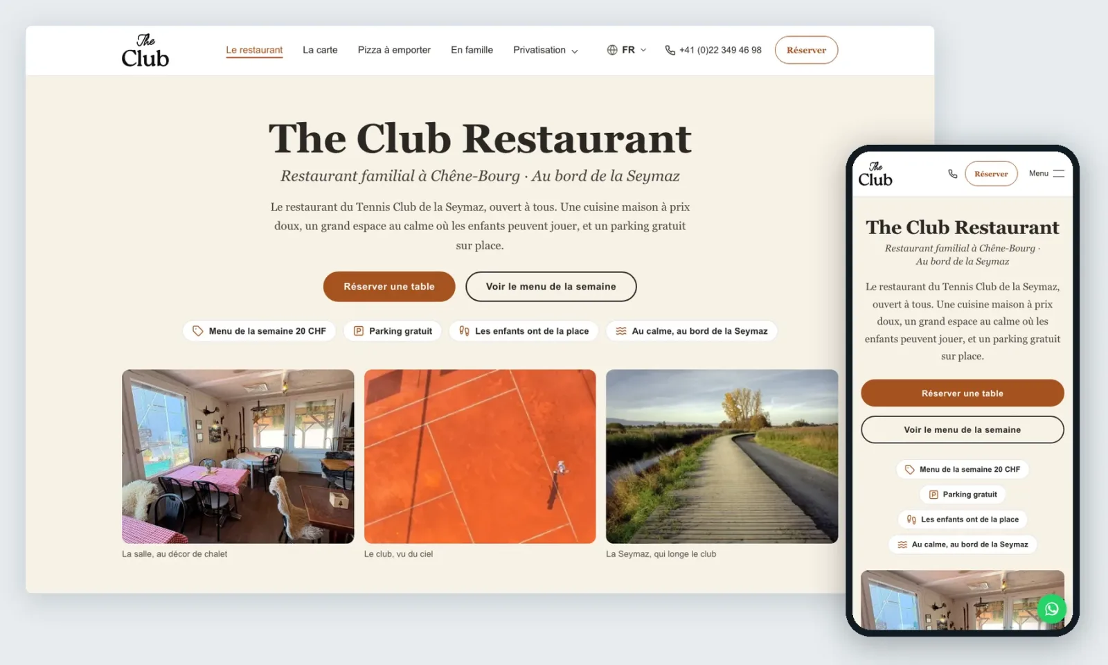 The Club Restaurant home page on a computer and on a phone: title, Book a table and See the weekly menu buttons, photos of the dining room, the club and the Seymaz