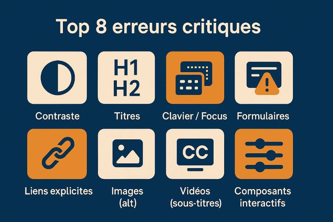 Illustration d’une page web avec icônes d’accessibilité : contraste, clavier, titres, formulaires, médias