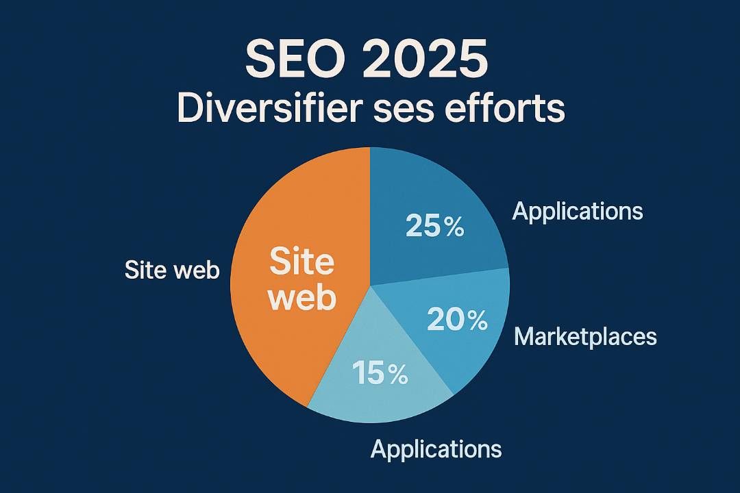 Radial diagram of search everywhere showing the site at the centre and the IA, social, video, marketplaces, local channels around it, linked by arrows