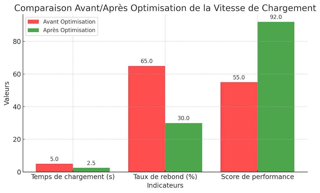 Graphique comparatif avant/après optimisation de la vitesse de chargement