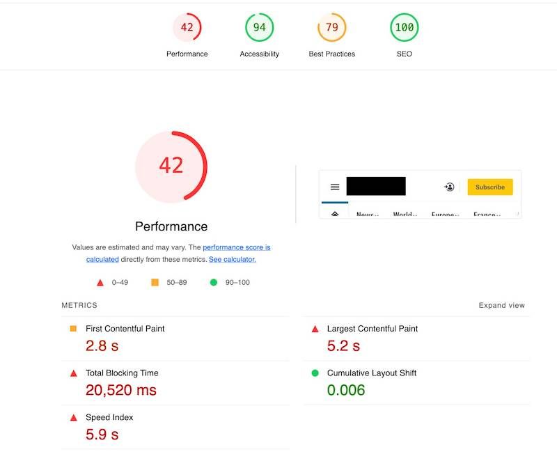 Capture d'écran de l'outil Lighthouse dans Chrome DevTools affichant le rapport d'audit